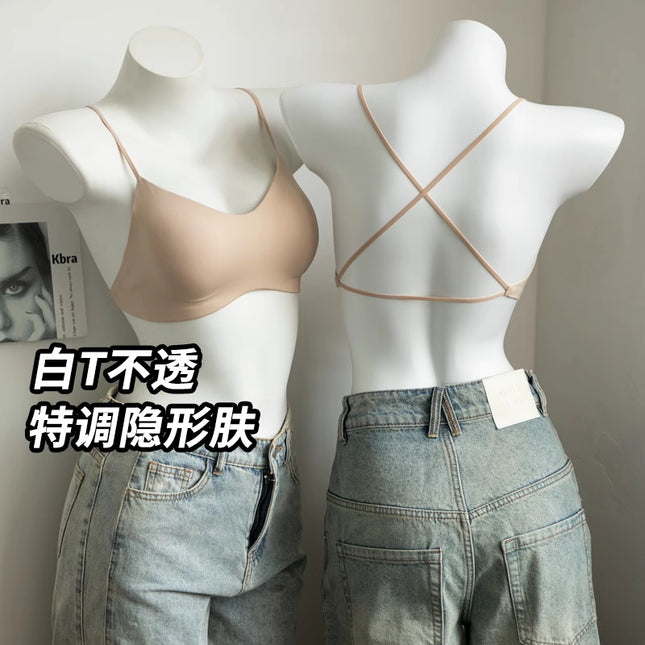 White T-Shirt Non-See-Through Foundation Liquid Fixed Cup Bra for Women, Seamless Invisible Thin Straps, Beautiful Back, Small Chest Push-Up Bra