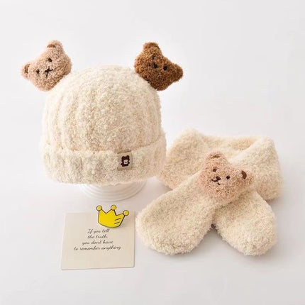 Autumn and winter children's plush bear hat scarf two-piece fleece-lined warm scarf cute plush hat baby
