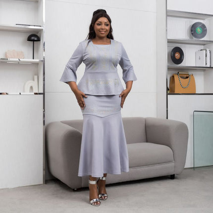 African cross-border source 2023 new hot drilling temperament commuter dress light luxury hot drilling dress two-piece set