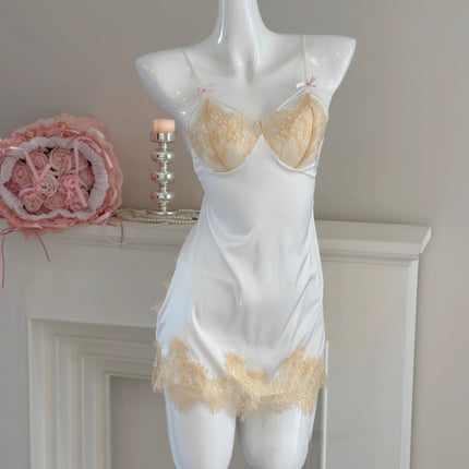 Ice Silk Satin Nightgown with Chest Pads, Lace, Pure Desire Style, Backless, Purple Sexy Nightwear, Loungewear Set with a High-End Feel