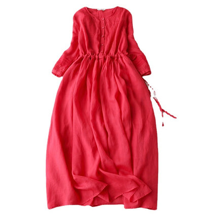 Vintage Cotton Linen Lace-up Waist Slimming Half-sleeve Dress Women's Round Neck Elegant Organ Pleated Elegant Fairy Skirt