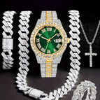 Gold, green and silver (watch + bracelet + necklace + cross necklace + ring)