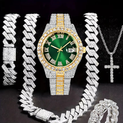 Hiphop Hip Hop Diamond Watch Five-Piece Diamond Cuban Chain Cross Necklace Cuban Ring Cross Border Wholesale