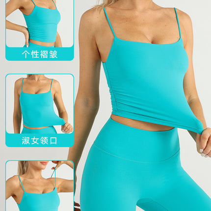 New Nude Sports Vest Top for Women European and American Pleated Fitness Sling Sexy Beautiful Back Spaghetti Straps Yoga Bra