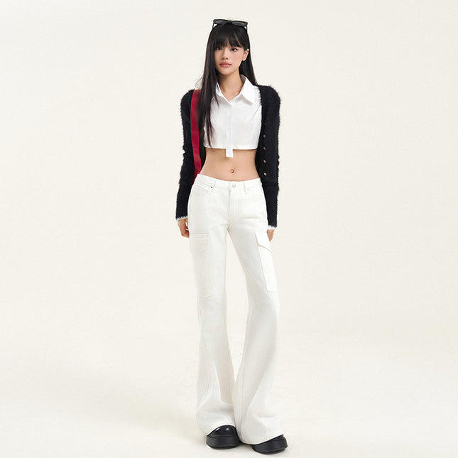 American-style High Street Tooling Micro-jeans Women's 2024 Winter New Low Waist Loose Slimming Wide-leg Flared Pants