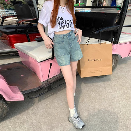 light blue Washed Retro A- shape Denim Shorts Women's Summer New High Waist Slimming Loose Wide Leg All-match Hot Pants