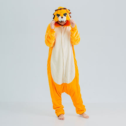 Factory mixed wholesale flannel animal one-piece pajamas cartoon men and women adult couples home clothes lion toilet version