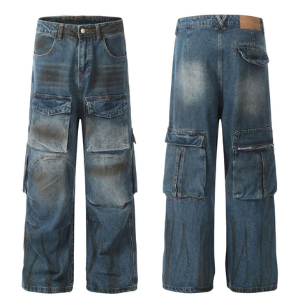 D1616 American Retro High Street Fashion Heavy-Duty Multi-Pocket Color-Spray Design Loose Men's Denim Jeans