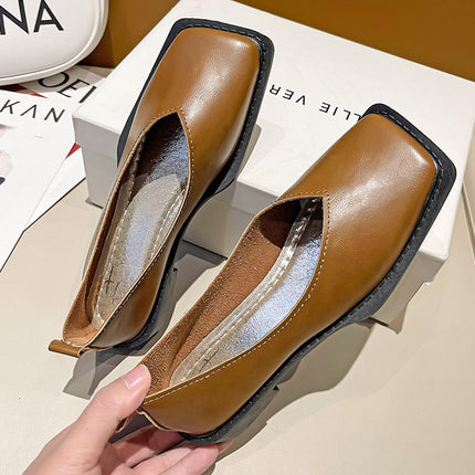 2024 Summer Daily Round Toe Spot Green Sgs Cowhide Thick Heel Pure Color Low-Top Viscose Shoes Leather Shoes