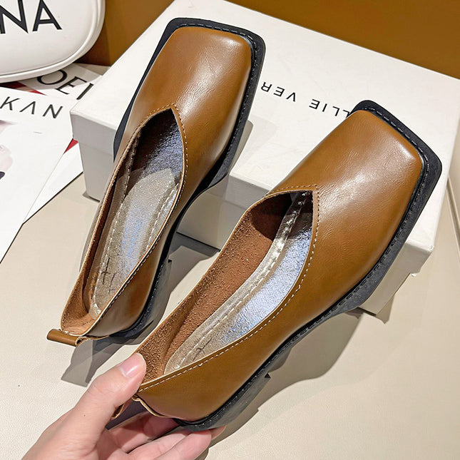 2024 Summer Daily Round Toe Spot Green Sgs Cowhide Thick Heel Pure Color Low-Top Viscose Shoes Leather Shoes