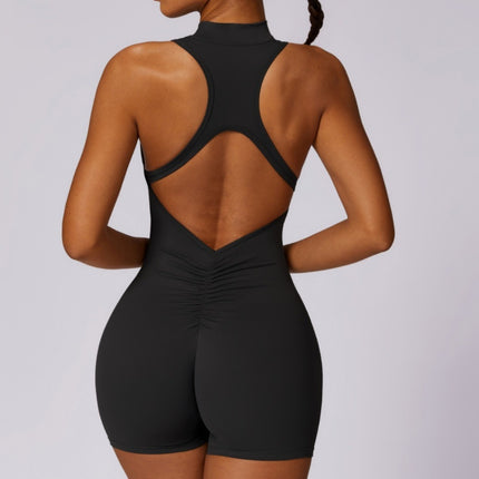 Solid Color Women's Fitness Jumpsuit Shorts with Pleated Back Waist, Hollow-Out, Beautiful Back, Naked Feeling, Soft, Tight-Fitting Zipper Jumpsuit