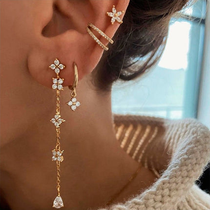 European and American Style Full Diamond Ins Wind Chain Tassel Petal Diamond Elegant Earrings Advanced Sense Design Earrings Ear Clip Earrings