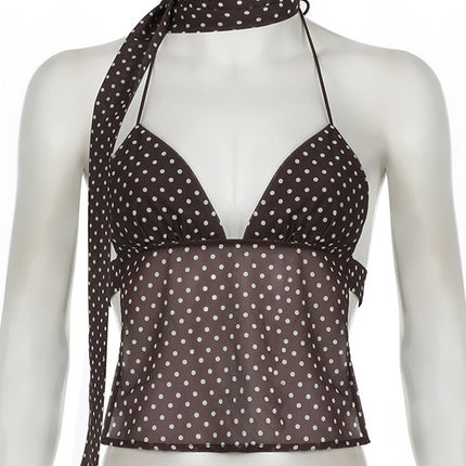 2024 Winter New French Style Elegant Strap Deep V Open Chest Lace Large Open Back Contrast Color Dot Design Small Sling