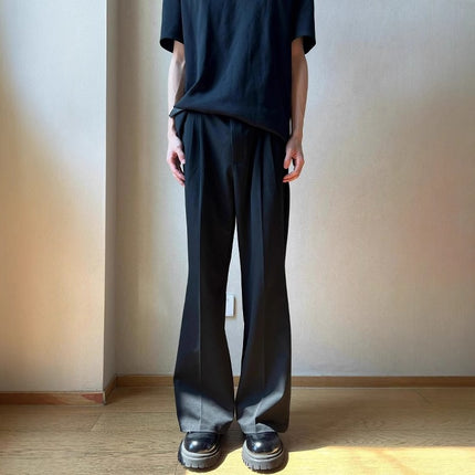 Trendy A-Line Three-Dimensional Pleated Mid-Line Commuter Versatile Drape Tr Blend Flared Trousers Basic Casual Long Pants
