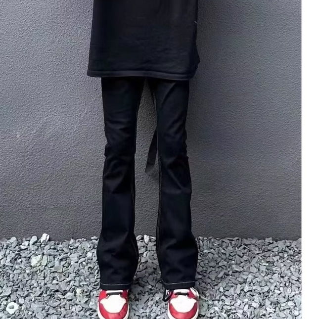 American high street long ribbon micro horn mid-waist jeans men's and women's same straight slim slimming mop long pants