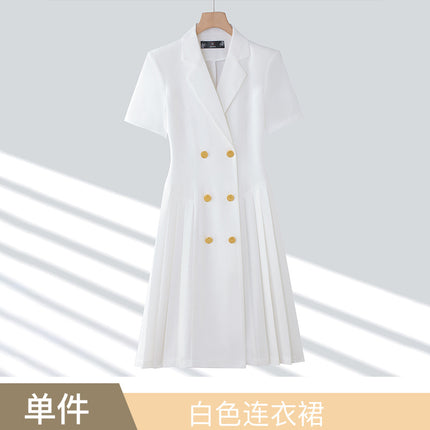 Spring and summer blue short-sleeved dress women's 2025 high-grade double-breasted professional suit collar mid-length skirt