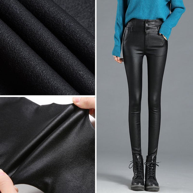 Women's Faux Leather Leggings for Outerwear, Popular Style, Extended Length, High-Waisted, Slimming, Matte Pu Imitation Leather, Skinny Pants, Trendy for Autumn 2025