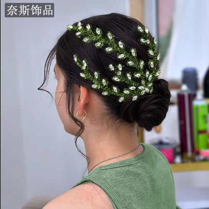 Nais Ns368 Forest-Style Green Branch and Leaf Twist Stick Hair Accessory with Rhinestone Embellishments for Bridal Wedding Photoshoot