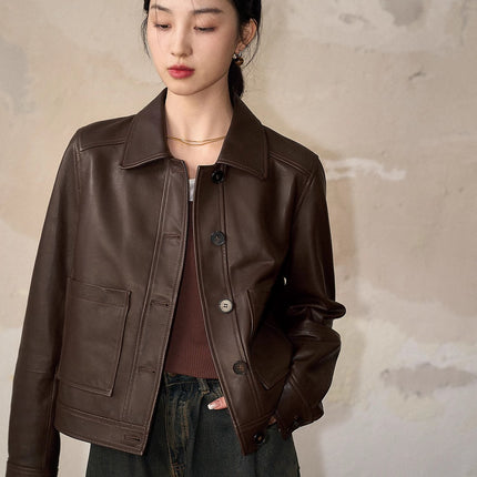 Nordic Harbour Sage Modern Full Vegetable Tanned Sheepskin Leather Coated Sheepskin Short Coat Women's Straight Leather Jacket