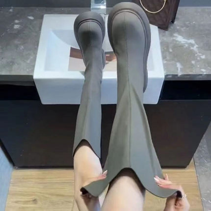 Z round head gray high boots children's knight boots thin boots 2024 new autumn and winter thick bottom but knee boots