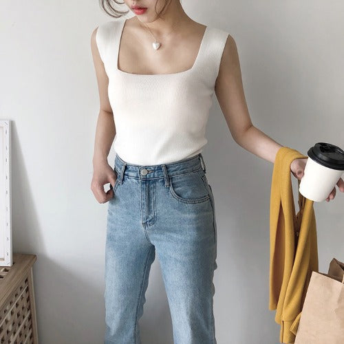 Knitted condole strap ice silk vest women's summer black and white outer wear base shirt square collar slim fit top tide wholesale