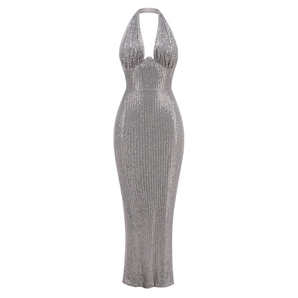 Sleeveless halter deep V-neck dress sexy backless sequined high-grade fishtail dress long skirt