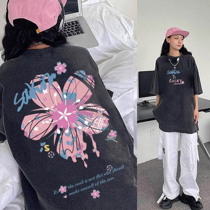 American Retro Pure Cotton Washed Distressed Large Size Short-Sleeved T-Shirt Women's Trendyy Hip-Hop Ins Couple Hong Kong Style Round Neck Top