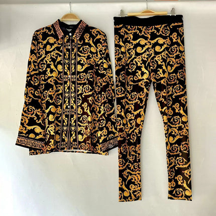 V home cross-border foreign trade acetate plaid printed loose shirt two-piece high waist stretch leggings fashion suit
