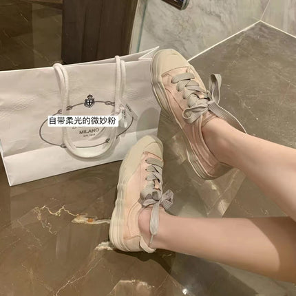 Cowhide Version ~ Weihua Store Elegant Satin Lace-Up Dissolving Shoes Color-Blocked Height-Increasing Platform Thick-Soled Casual Shoes Women's Sneakers