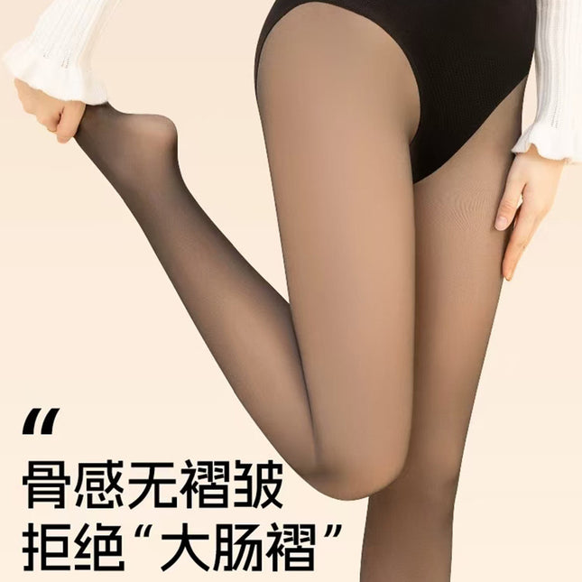 Leg-Enhancing All-In-One Pants with Fishbone Design, Non-Curling Leggings, High-Waisted Pantyhose, Thickened for Autumn and Winter, Skin-Tone Black Stockings