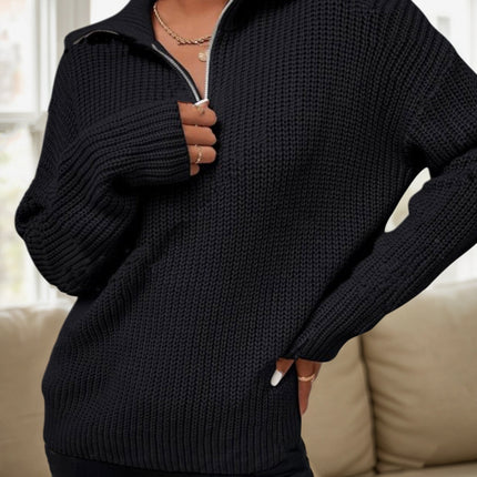 2025 Autumn/Winter Black Half-Zip Lapel Sweater for Women, Waffle Texture Loose Lazy Style Knitted Pullover