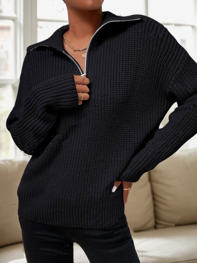 2025 Autumn/Winter Black Half-Zip Lapel Sweater for Women, Waffle Texture Loose Lazy Style Knitted Pullover