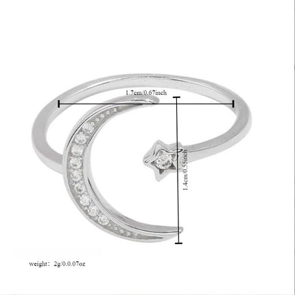 Korean and Japanese New Style High-End Cross-Border Favorite Micro-Inlaid Zircon Five-Pointed Star Moon Ring for Women, Elegant Open Ring Jewelry