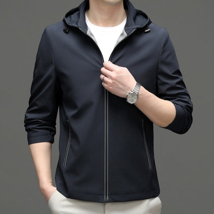 genuine goods Men's Coat Men's Spring and Autumn Thin Removable Hooded Outdoor Windproof Solid Color Non-iron Hooded Casual Jacket
