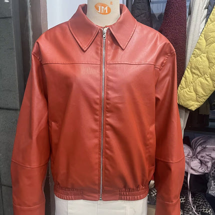 2025 Autumn New Style American-Style Faux Leather Bomber Jacket for Women, Oversized Loose Pu Leather Zip-Up Jacket Trendy
