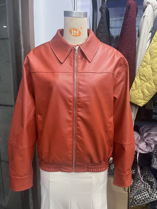 2025 Autumn New Style American-Style Faux Leather Bomber Jacket for Women, Oversized Loose Pu Leather Zip-Up Jacket Trendy