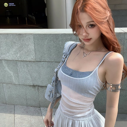 Ruffled Camisole for Women with Beautiful Pleated Back, Slimming and Sexy American-Style Top for Outer Wear