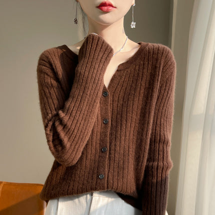 Korean-style Round V-neck Pit-strip Cardigan Women's Knitted Sweater Top Long-sleeved Solid Color Jacket Spring/Autumn/Winter Women's Knitted Jacket