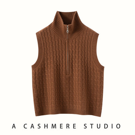 Full-Body Cable Knit Solid Color Women's Cashmere Knitted Vest Half-Open High-Neck Sleeveless Sweater Outerwear Layered Waistcoat
