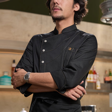 Chef Uniform for Men, Long-Sleeved, Black, for Restaurants, Baking, Kitchen, Moisture-Wicking and Sweat-Wicking
