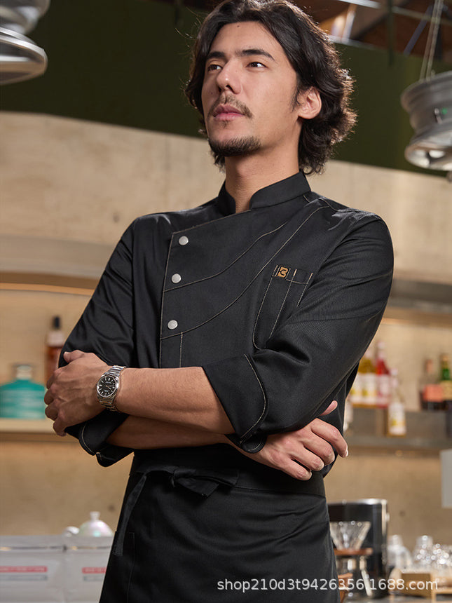 Chef Uniform for Men, Long-Sleeved, Black, for Restaurants, Baking, Kitchen, Moisture-Wicking and Sweat-Wicking