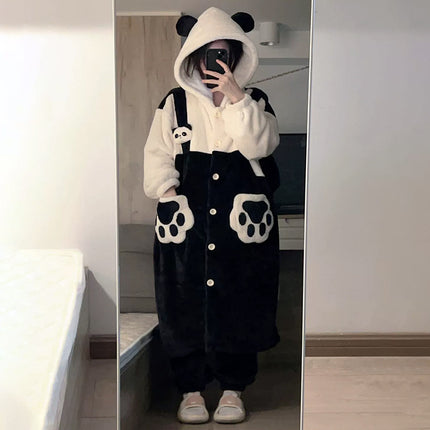 2025 Cartoon Strap Panda Pajamas Women's Winter Coral Velvet Thickened Pajamas Cute Girls Home Clothes Set