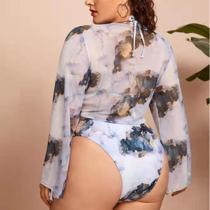 2022 New European and American Amazon Cross-Border Large Size Swimsuit Women's Tie-Dye Printed Sexy Three-Piece Gauze Skirt Bikini