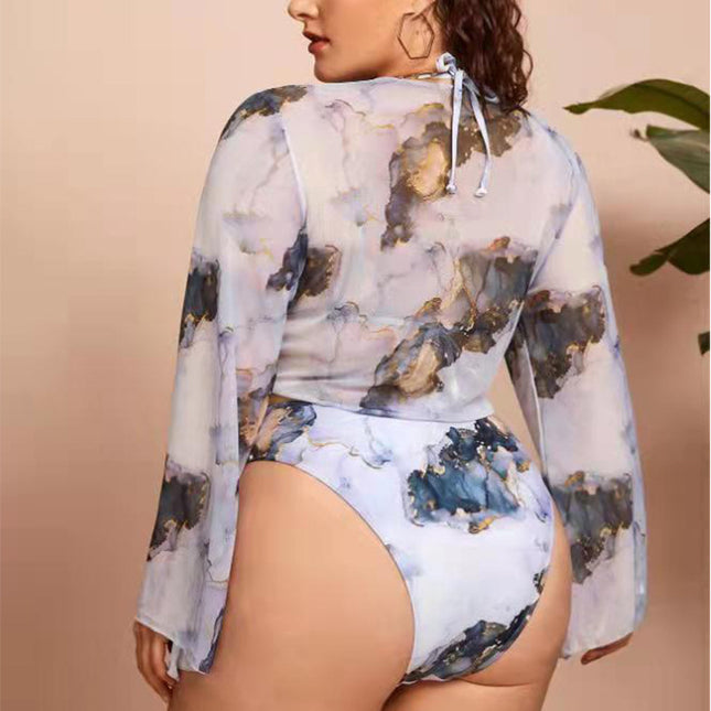 2022 New European and American Amazon Cross-Border Large Size Swimsuit Women's Tie-Dye Printed Sexy Three-Piece Gauze Skirt Bikini