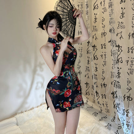 Water Drop Chest Nightgown Women's Sexy Guofeng Split Cheongsam Uniform Pure Desire Temptation Bed Hollow Sling Pajamas 2492