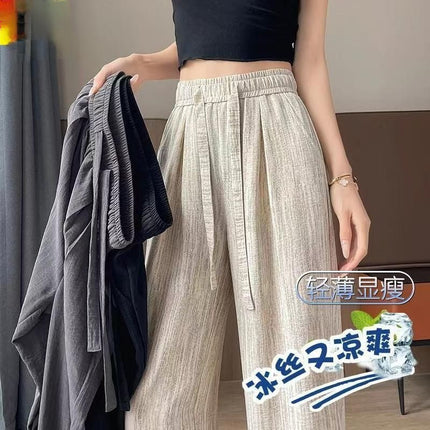 2025 New Ice Silk Wide-Leg Pants for Women, Summer High-Waisted Drawstring Textured Lazy American Casual Thin Floor-Length Pants