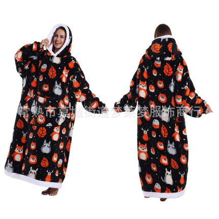 A generation of winter clothing lazy printed hoodie thickened and lengthened adult couples nightgown tk labeling cross-border