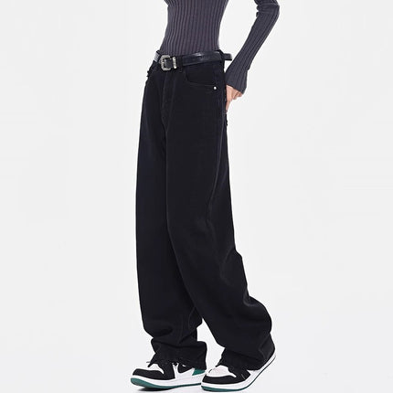 Black Straight-Leg Jeans for Women, Trendy Versatile New High-Waisted Slimming Plus-Size Casual Loose Drape Wide-Leg Pants