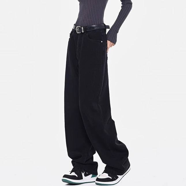 Black Straight-Leg Jeans for Women, Trendy Versatile New High-Waisted Slimming Plus-Size Casual Loose Drape Wide-Leg Pants
