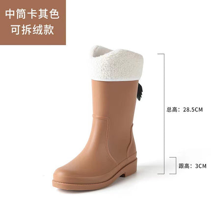 Cross-border New High Rain Shoes Women's Online Popular Fashion Water Boots Solid Color Waterproof Non-slip Warm Outer Wear fleece-lined Warm Boots